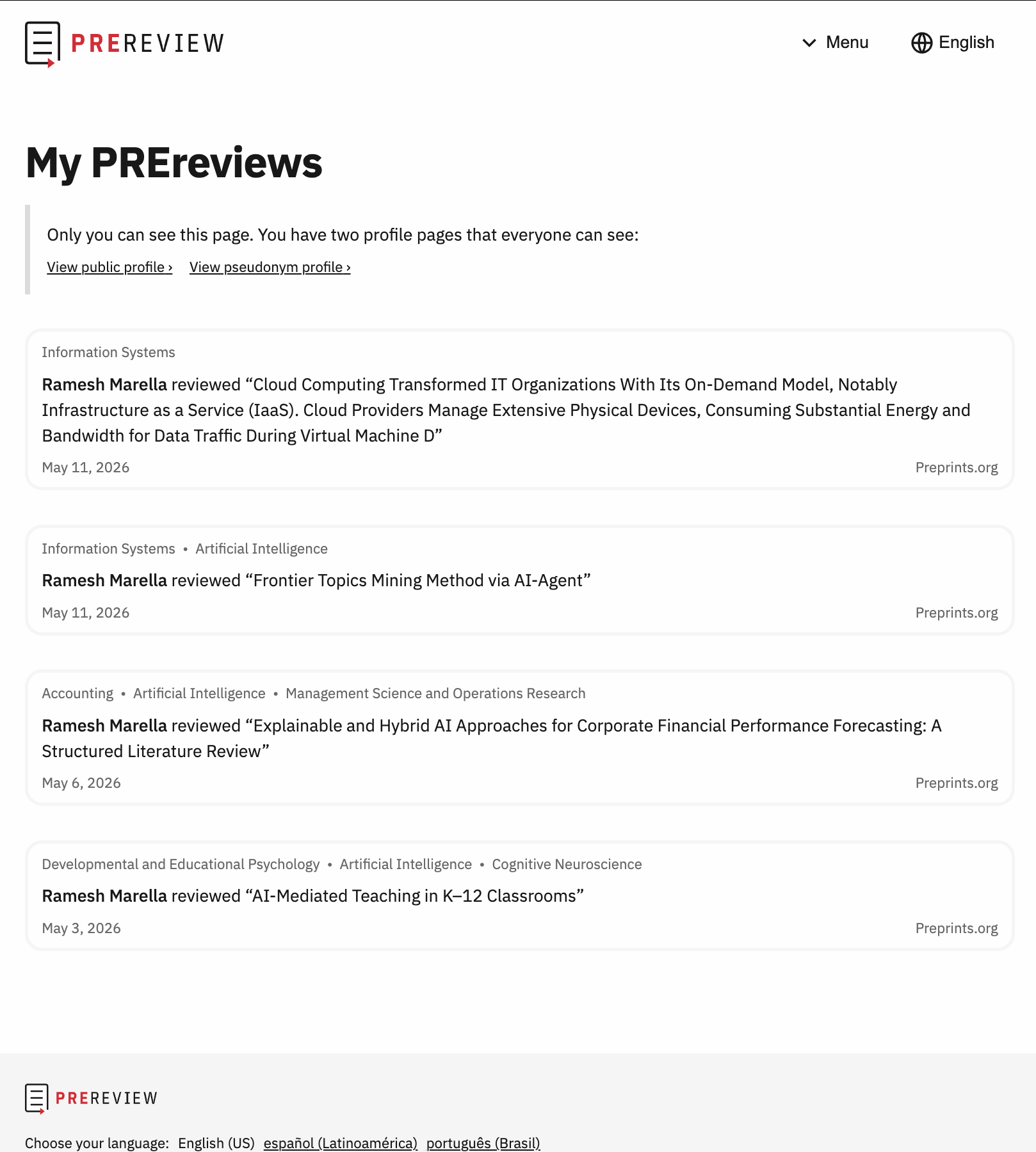 PREreview Completed Reviews